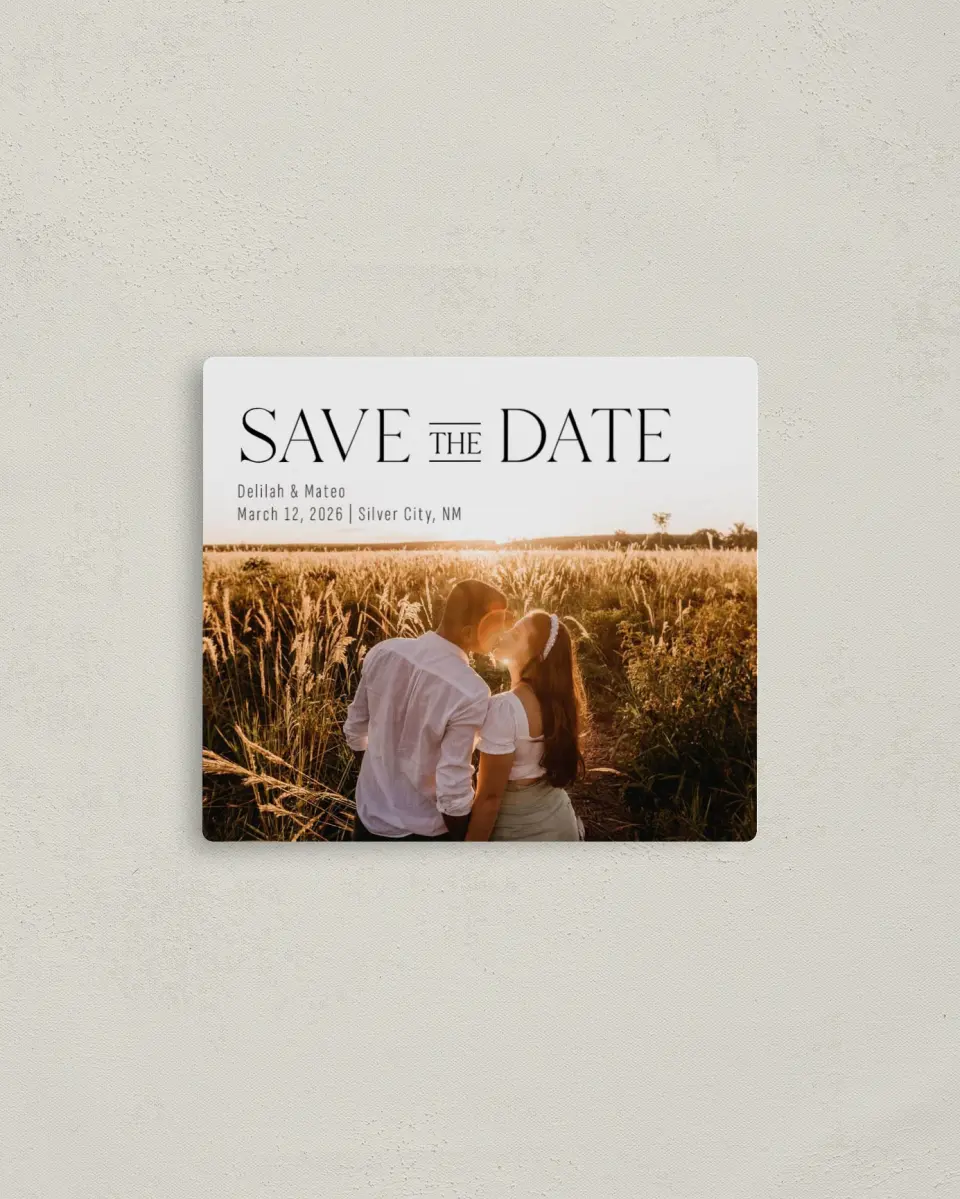 This is a 3½" x 4" Save the Date Magnet called Bold Adoration printed in full color with a Luxe Satin finish