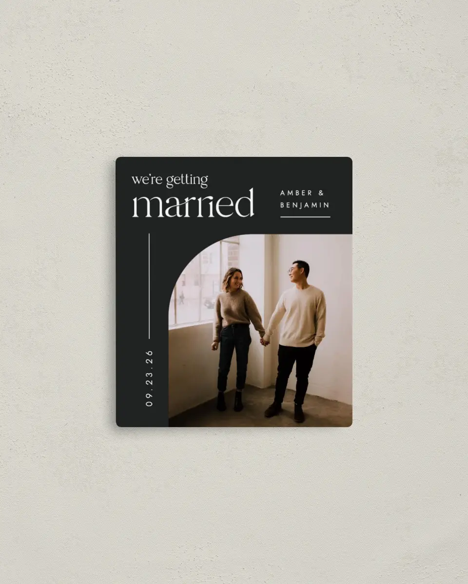 This is a 3½" x 4" Save the Date Magnet called Modern Marriage printed in full color with a Luxe Satin finish