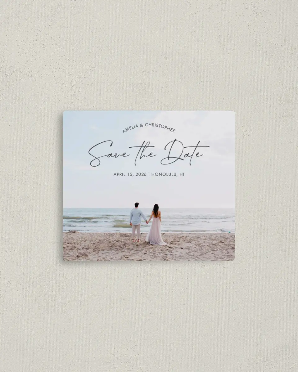This is a 3½" x 4" Save the Date Magnet called Hand in Hand printed in full color with a Luxe Satin finish