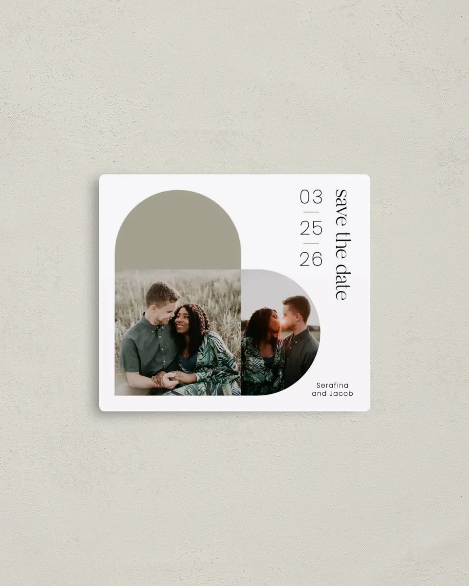 This is a 3½" x 4" Save the Date Magnet called Funky Heart printed in full color with a Luxe Satin finish