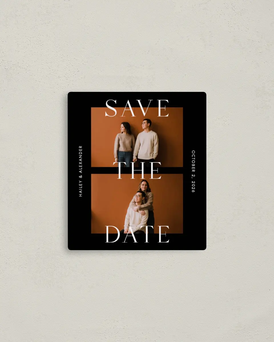 This is a 3½" x 4" Save the Date Magnet called Bold Devotion printed in full color with a Luxe Satin finish