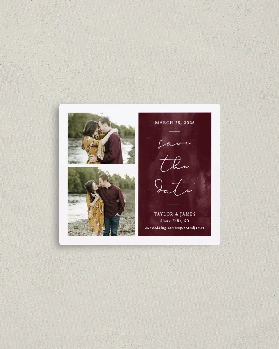 This is a 3½" x 4" Save the Date Magnet called Watercolor Collage printed in full color with a Luxe Satin finish