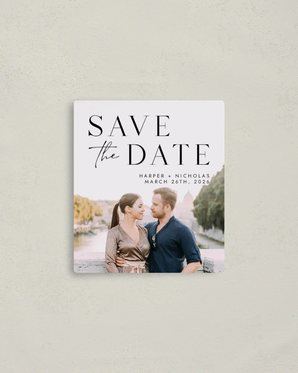 This is a 3½" x 4" Save the Date Magnet called Spacious Idea printed in full color with a Luxe Satin finish