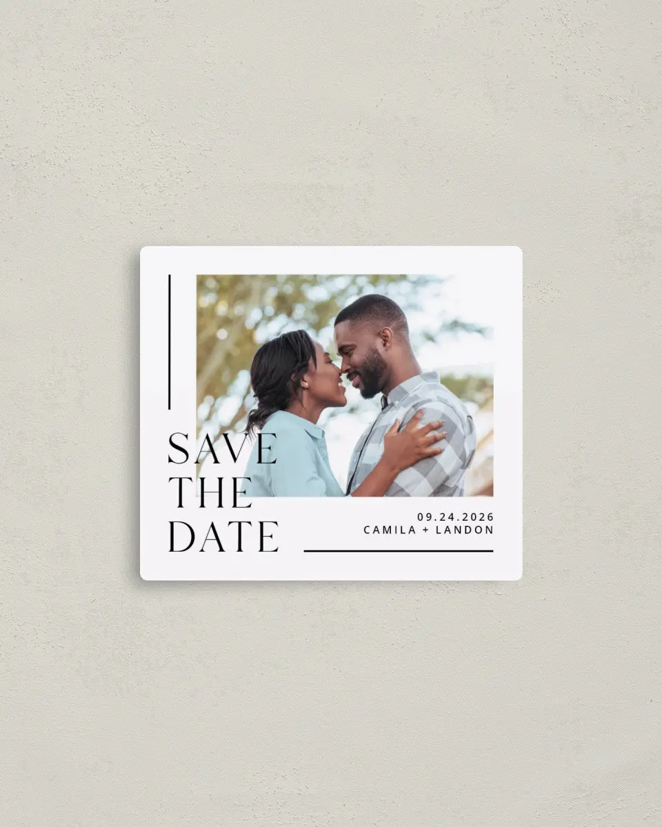 This is a 3½" x 4" Save the Date Magnet called Perfect Line printed in full color with a Luxe Satin finish