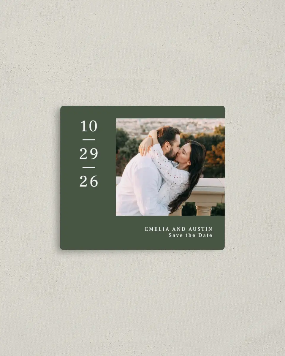 This is a 3½" x 4" Save the Date Magnet called Magnificent Margin printed in full color with a Luxe Satin finish