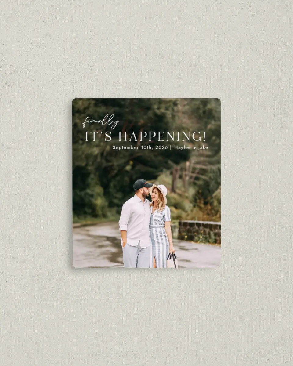 This is a 3½" x 4" Save the Date Magnet called Peppy Proclamation printed in full color with Rose Gold foil and a Luxe Satin finish
