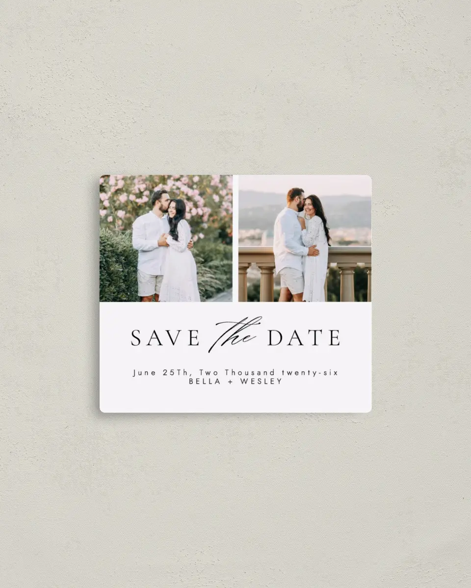 This is a 3½" x 4" Save the Date Magnet called Fresh Medley printed in full color with a Luxe Satin finish