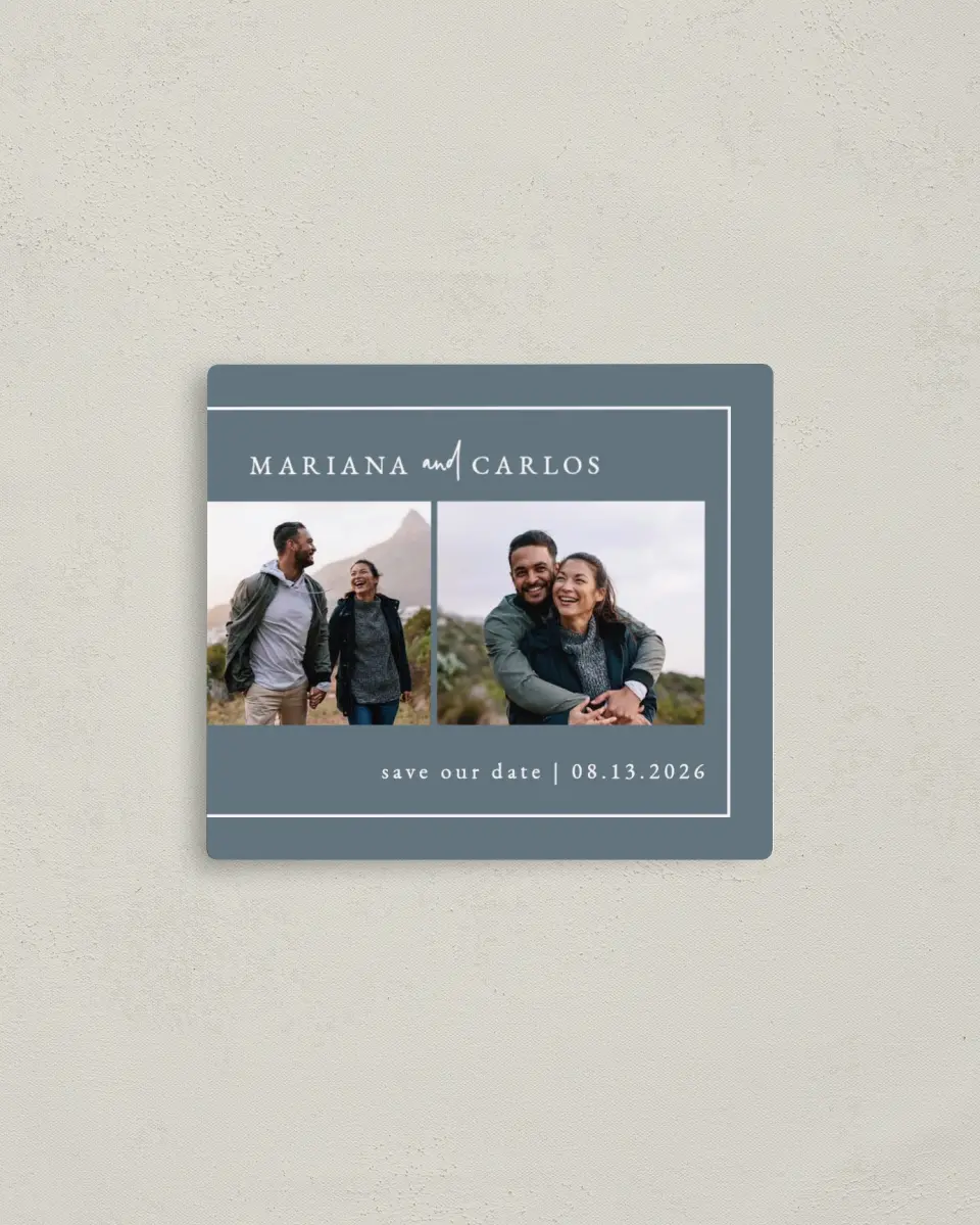 This is a 3½" x 4" Save the Date Magnet called Breathtaking Border printed in full color with a Luxe Satin finish