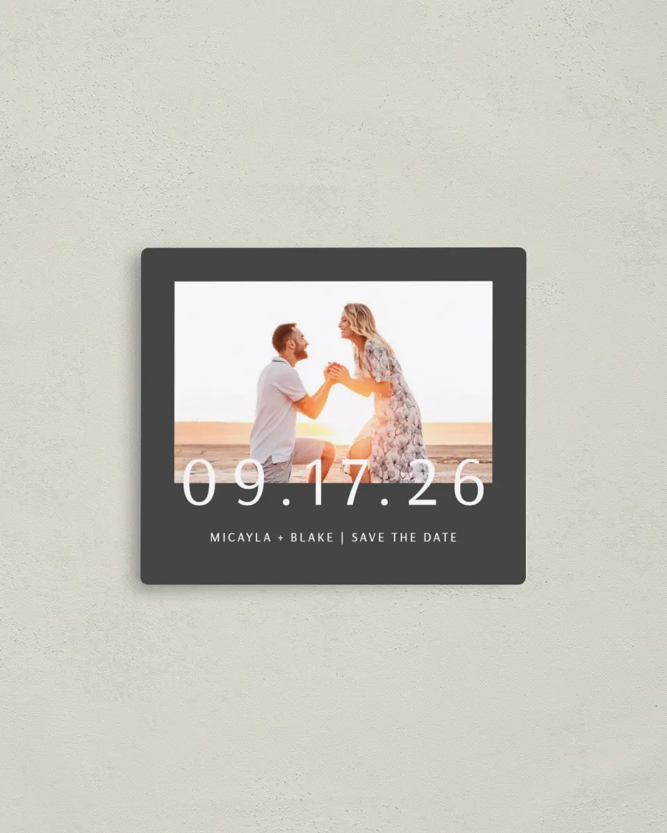 This is a 3½" x 4" Save the Date Magnet called Powerful Mark printed in full color with a Luxe Satin finish