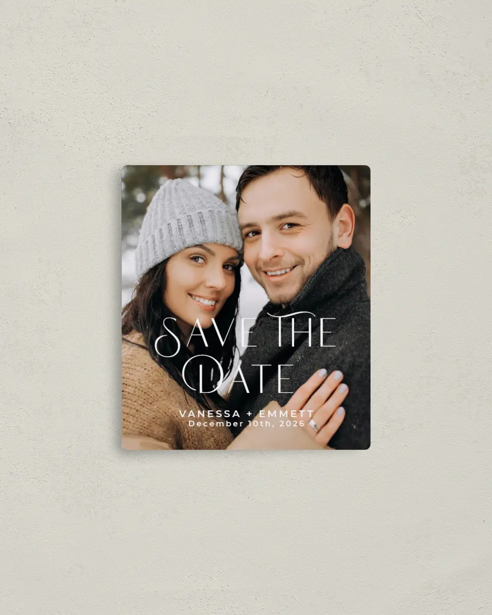 This is a 3½" x 4" Save the Date Magnet called Stylish Touch printed in full color with a Luxe Satin finish