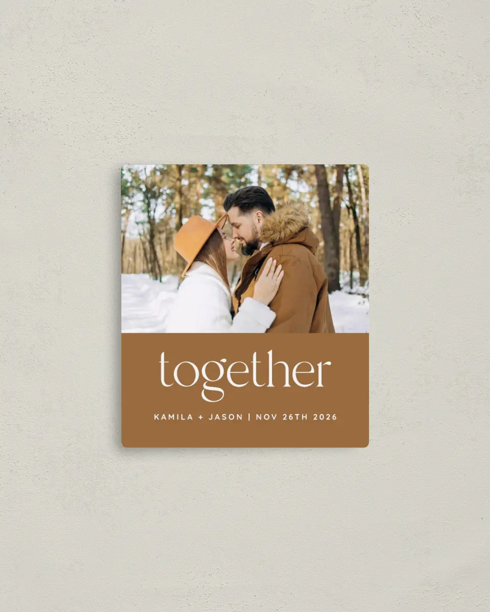 This is a 3½" x 4" Save the Date Magnet called Still Together printed in full color with a Luxe Satin finish