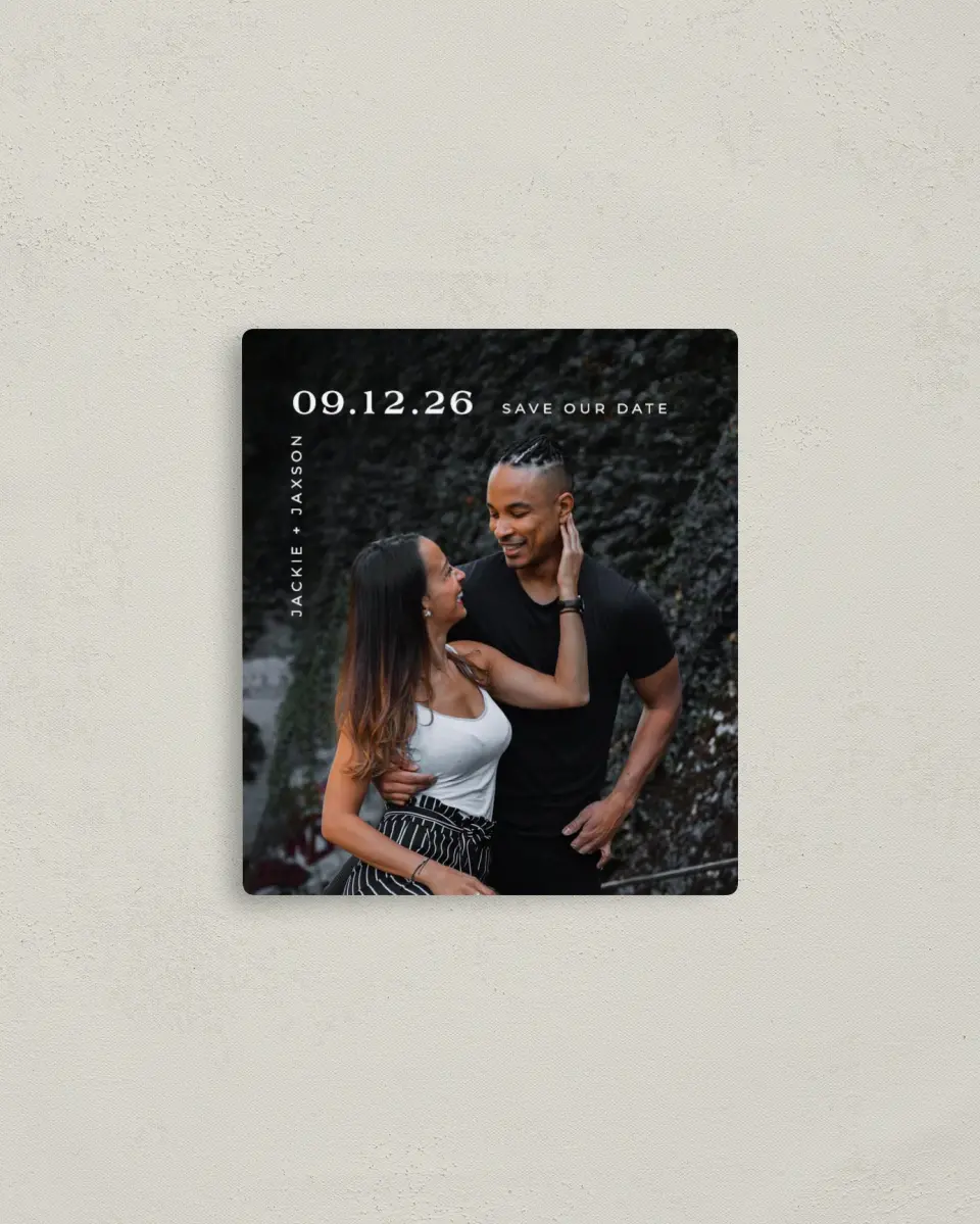 This is a 3½" x 4" Save the Date Magnet called Love's Intersection printed in full color with a Luxe Satin finish