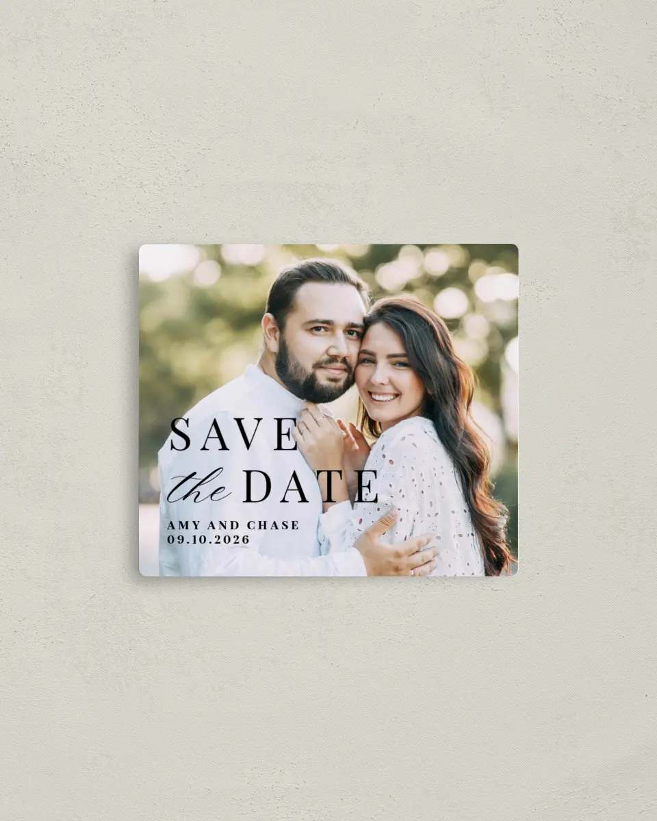 This is a 3½" x 4" Save the Date Magnet called Darling Depiction printed in full color with a Luxe Satin finish