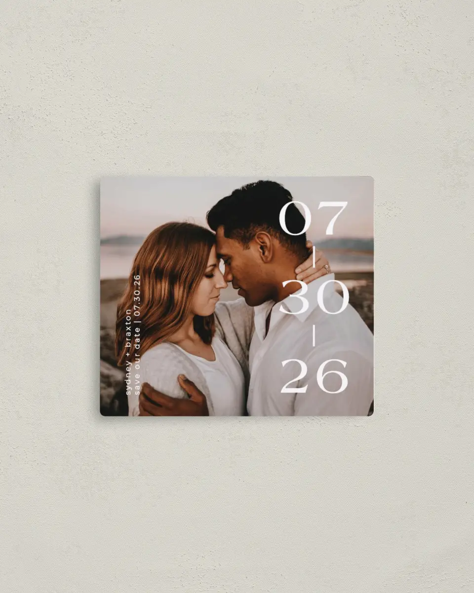 This is a 3½" x 4" Save the Date Magnet called Daring Date printed in full color with Rose Gold foil and a Luxe Satin finish
