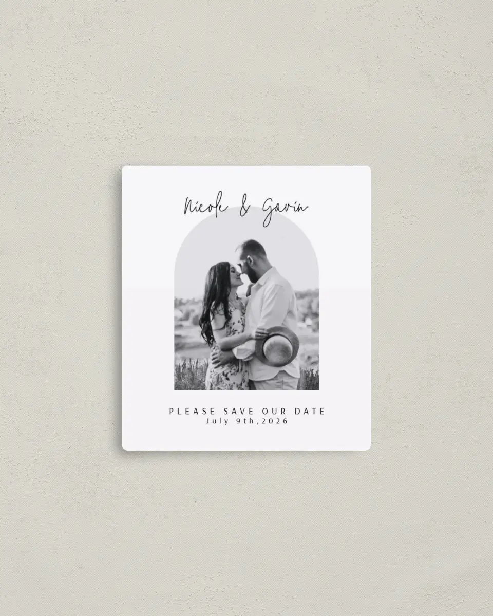 This is a 3½" x 4" Save the Date Magnet called Love's Archway printed in full color with a Luxe Satin finish