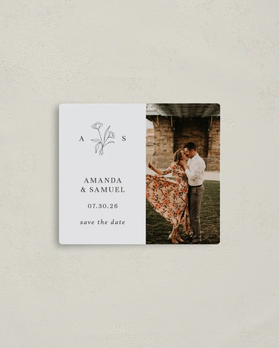 This is a 3½" x 4" Save the Date Magnet called Monogram Bloom printed in full color with a Luxe Satin finish