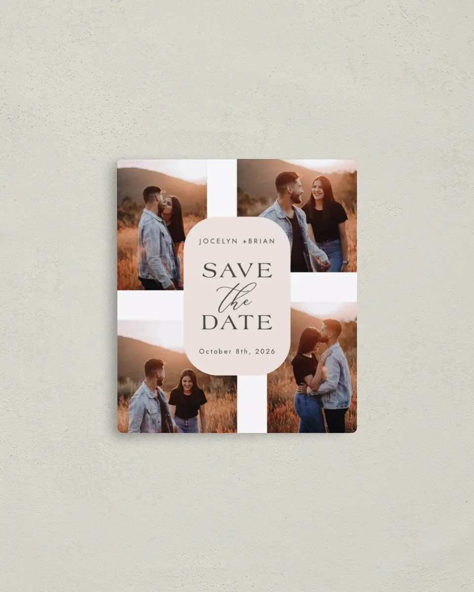 This is a 3½" x 4" Save the Date Magnet called Dazzling Moment printed in full color with a Luxe Satin finish