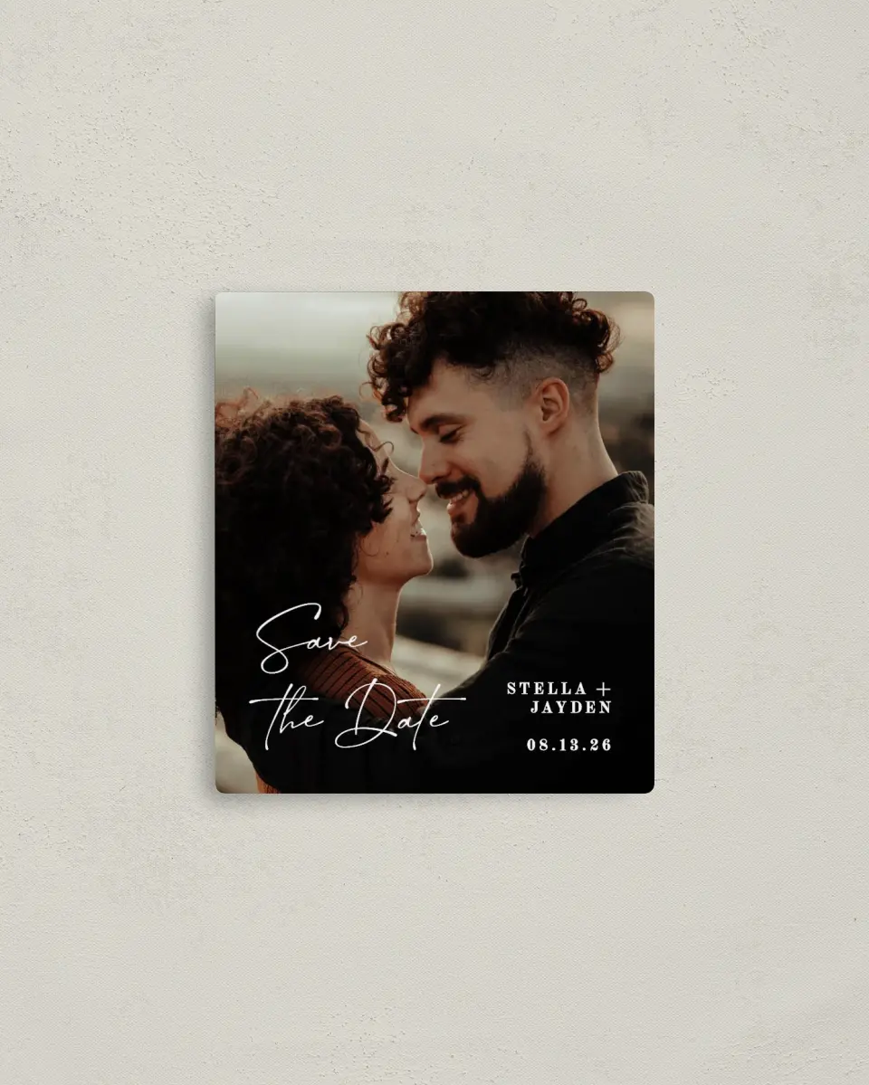 This is a 3½" x 4" Save the Date Magnet called Delicate Treasure printed in full color with a Luxe Satin finish