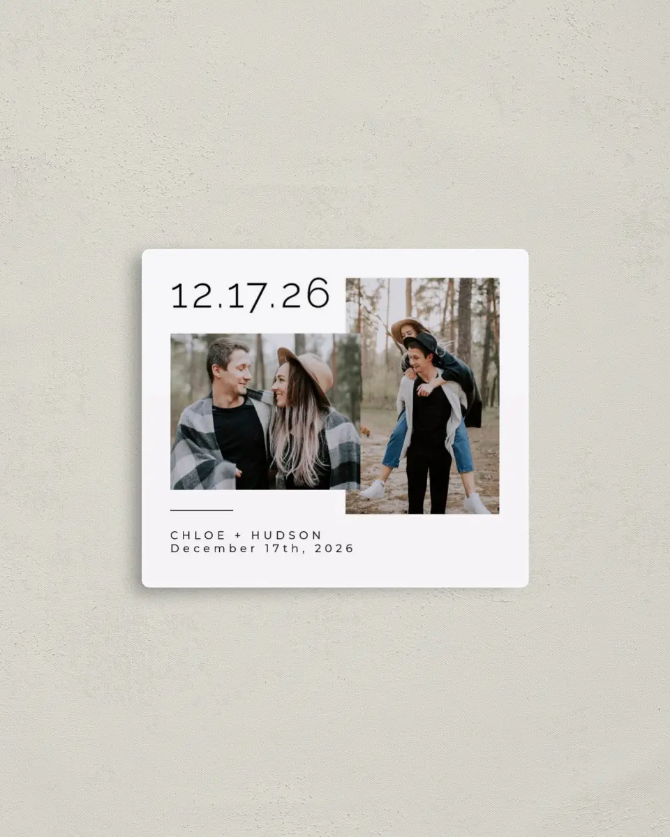 This is a 3½" x 4" Save the Date Magnet called Fresh Date printed in full color with a Luxe Satin finish