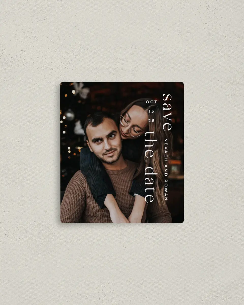 This is a 3½" x 4" Save the Date Magnet called Tasteful Twist printed in full color with a Luxe Satin finish