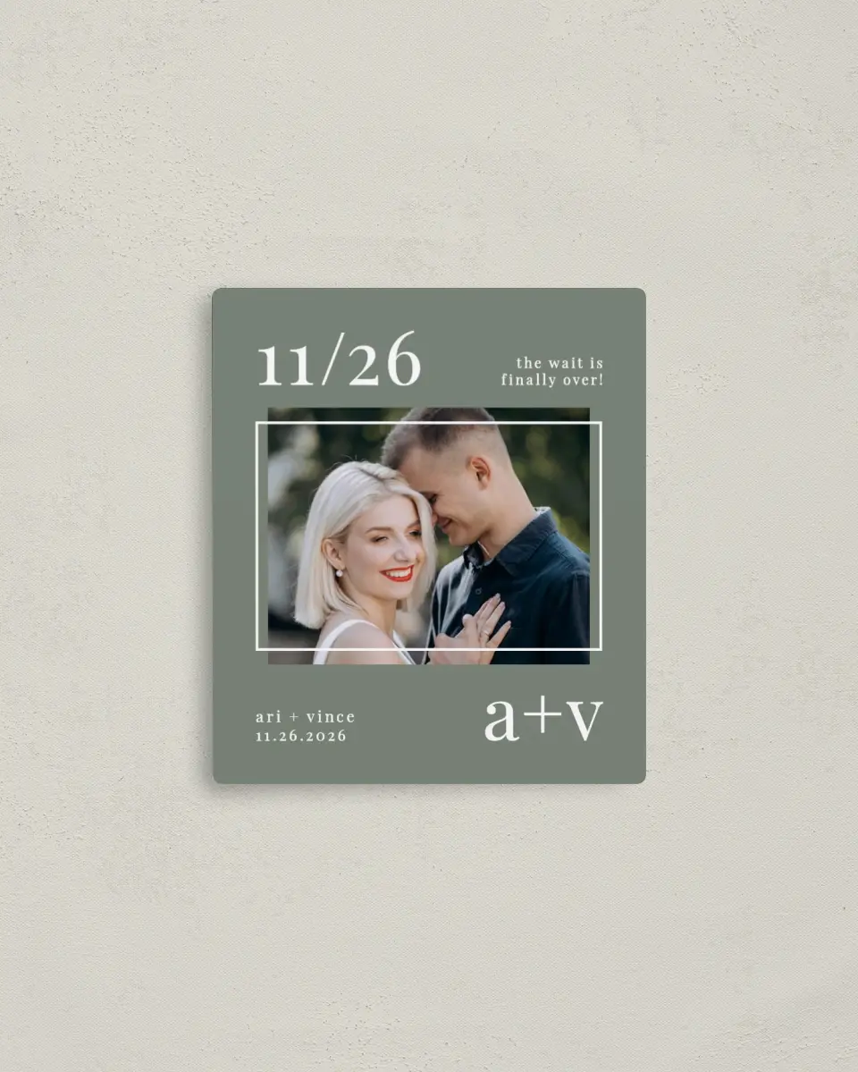 This is a 3½" x 4" Save the Date Magnet called Darling Digest printed in full color with a Luxe Satin finish