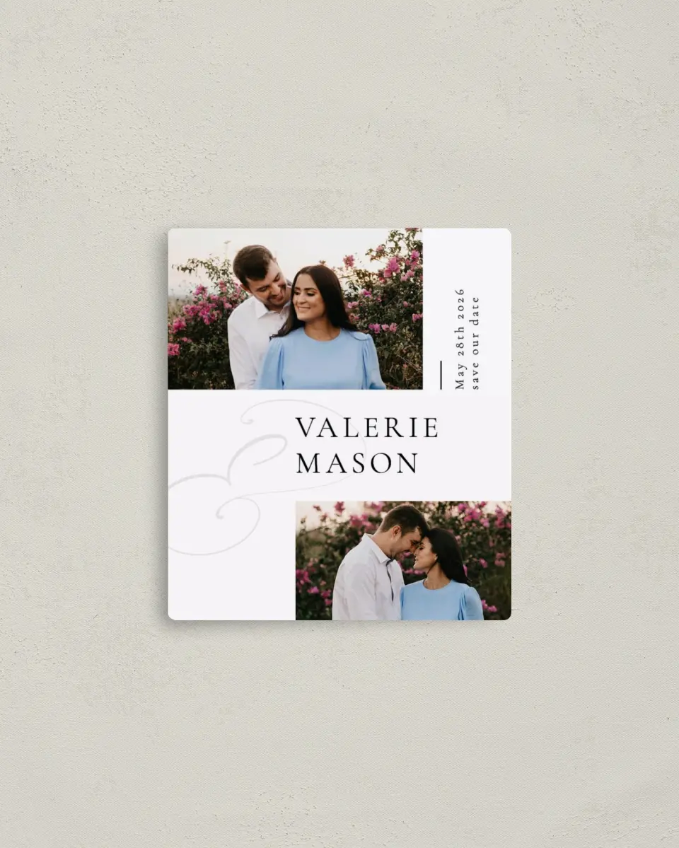This is a 3½" x 4" Save the Date Magnet called And Love printed in full color with a Luxe Satin finish