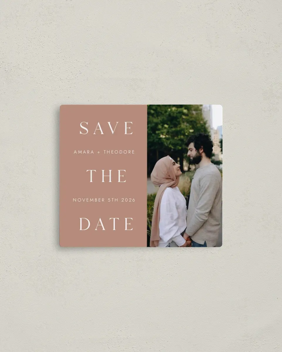 This is a 3½" x 4" Save the Date Magnet called Stacked Pair printed in full color with a Luxe Satin finish