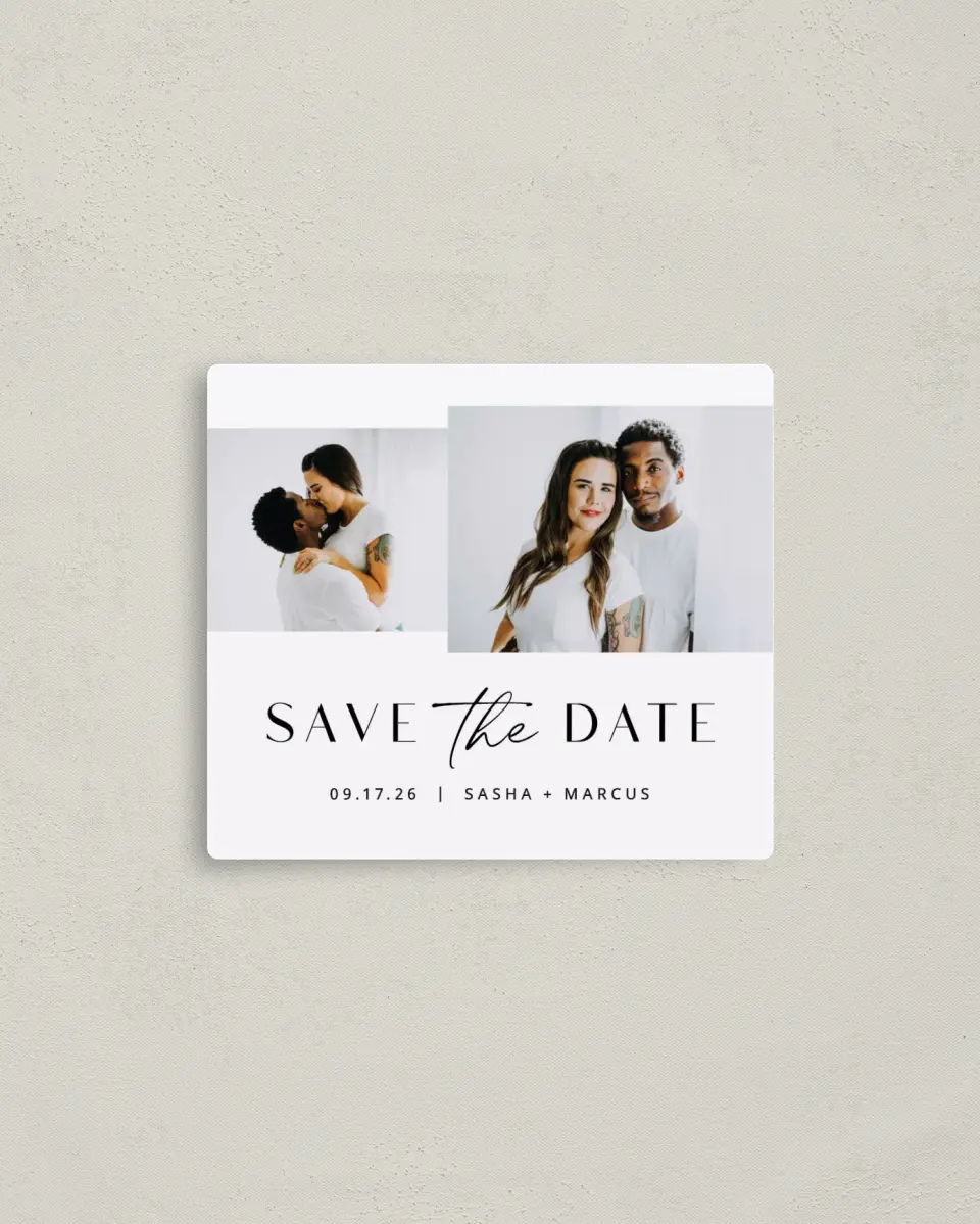 This is a 3½" x 4" Save the Date Magnet called Tender Trio printed in full color with Rose Gold foil and a Luxe Satin finish