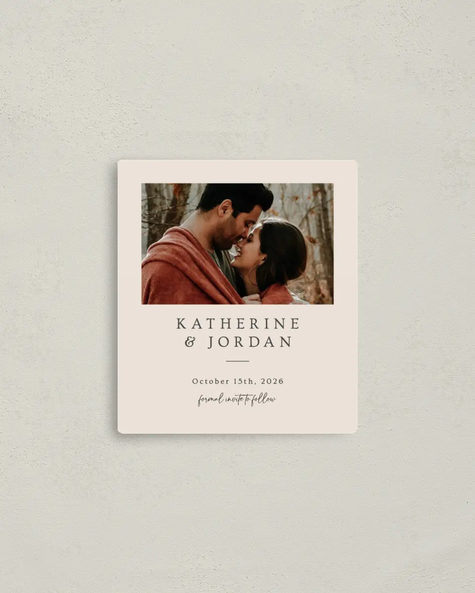 This is a 3½" x 4" Save the Date Magnet called Wrapped in Love printed in full color with a Luxe Satin finish