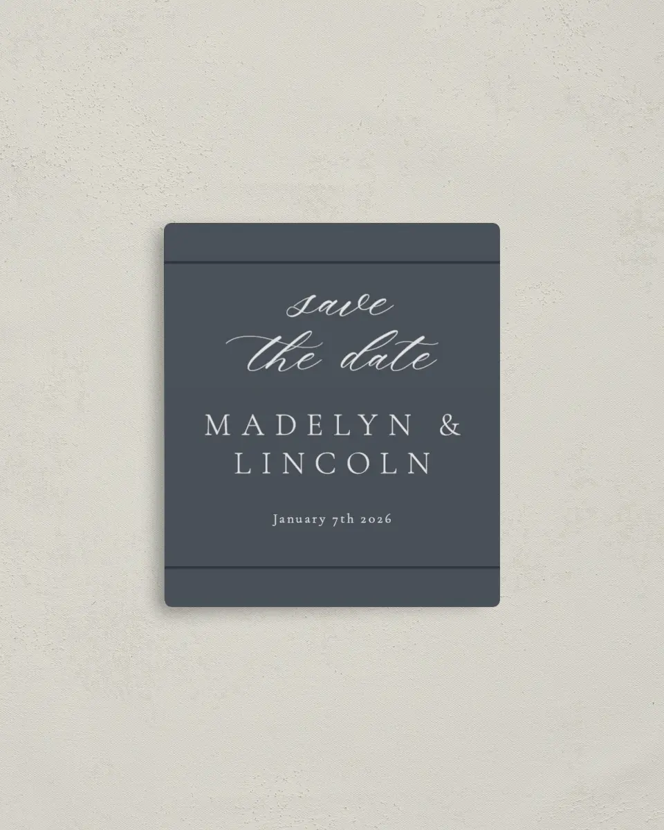 This is a 3½" x 4" Save the Date Magnet called Subtle Wreath printed in full color with a Luxe Satin finish