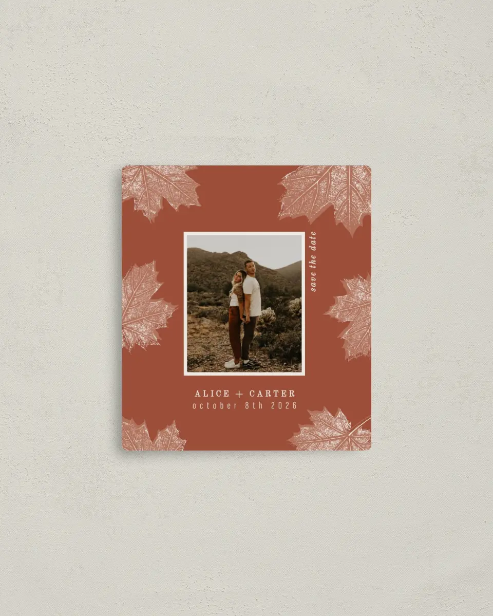 This is a 3½" x 4" Save the Date Magnet called Turning Leaves printed in full color with a Luxe Satin finish