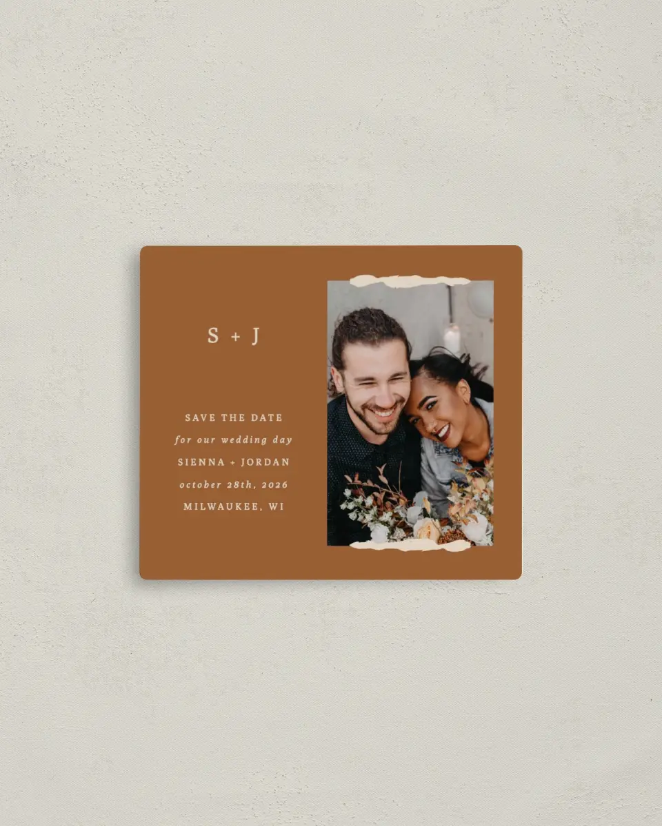 This is a 3½" x 4" Save the Date Magnet called Threads of Love printed in full color with a Luxe Satin finish