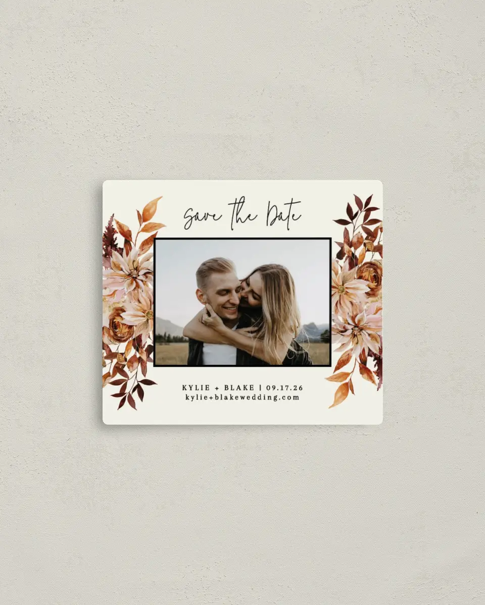 This is a 3½" x 4" Save the Date Magnet called Country Blooms printed in full color with a Luxe Satin finish