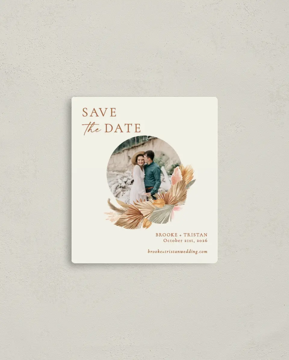 This is a 3½" x 4" Save the Date Magnet called Sandy Fronds printed in full color with a Luxe Satin finish