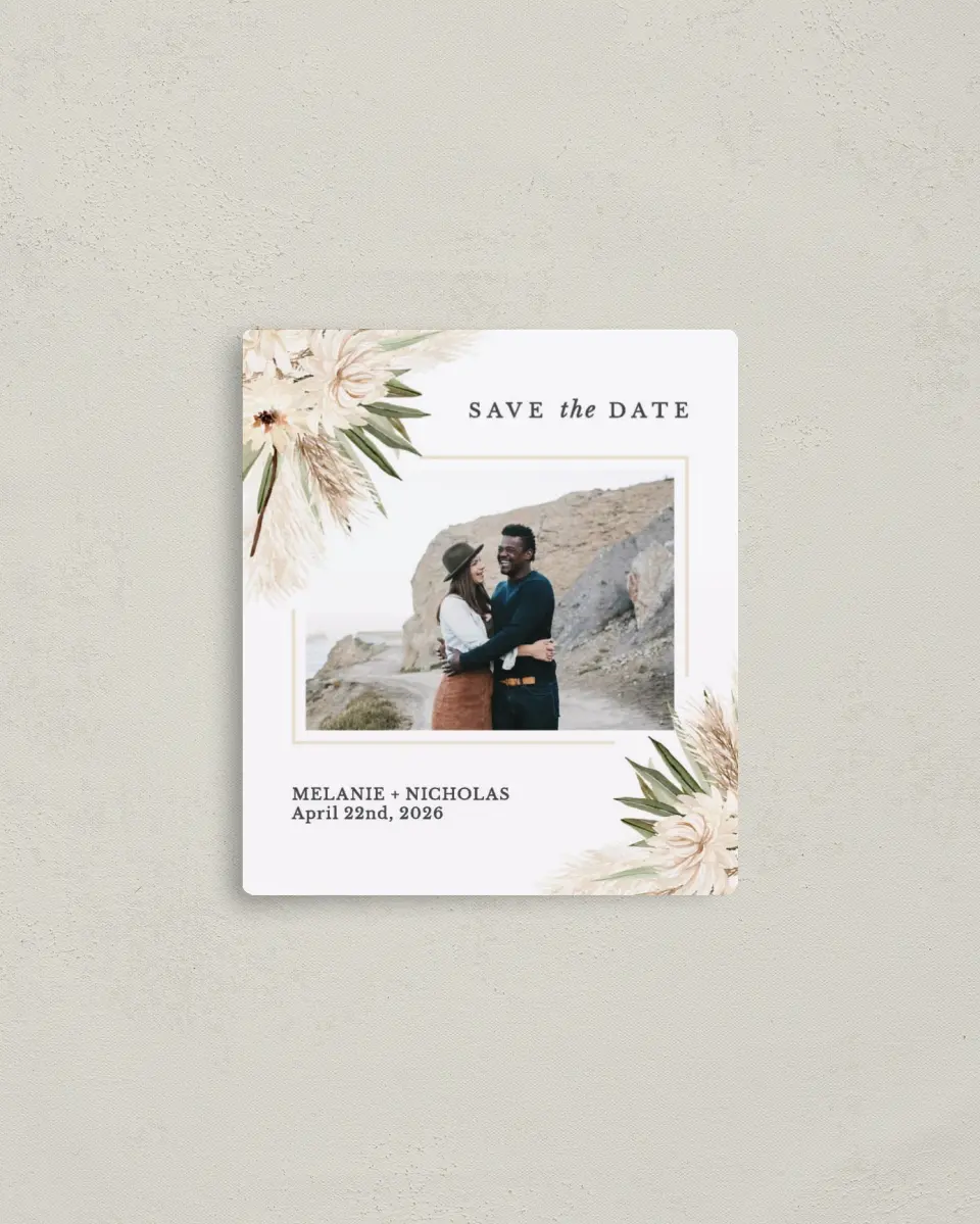 This is a 3½" x 4" Save the Date Magnet called Natural Boho printed in full color with a Luxe Satin finish