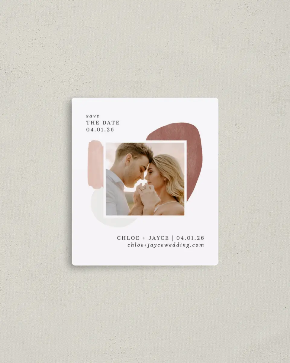 This is a 3½" x 4" Save the Date Magnet called Mod Paint printed in full color with a Luxe Satin finish