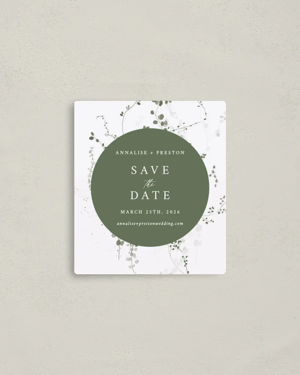 This is a 3½" x 4" Save the Date Magnet called Fresh Tendrils printed in full color with a Luxe Satin finish