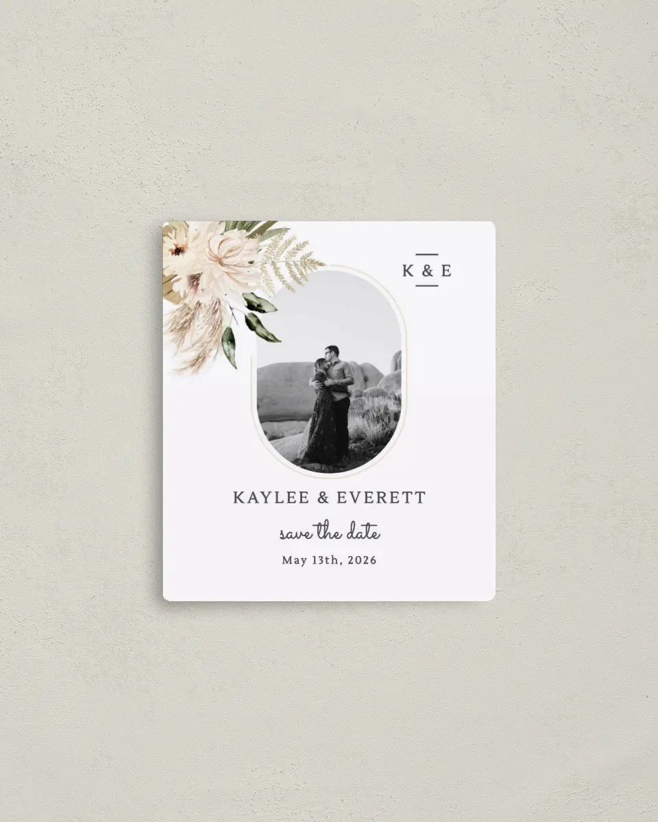 This is a 3½" x 4" Save the Date Magnet called Serene Flora printed in full color with a Luxe Satin finish