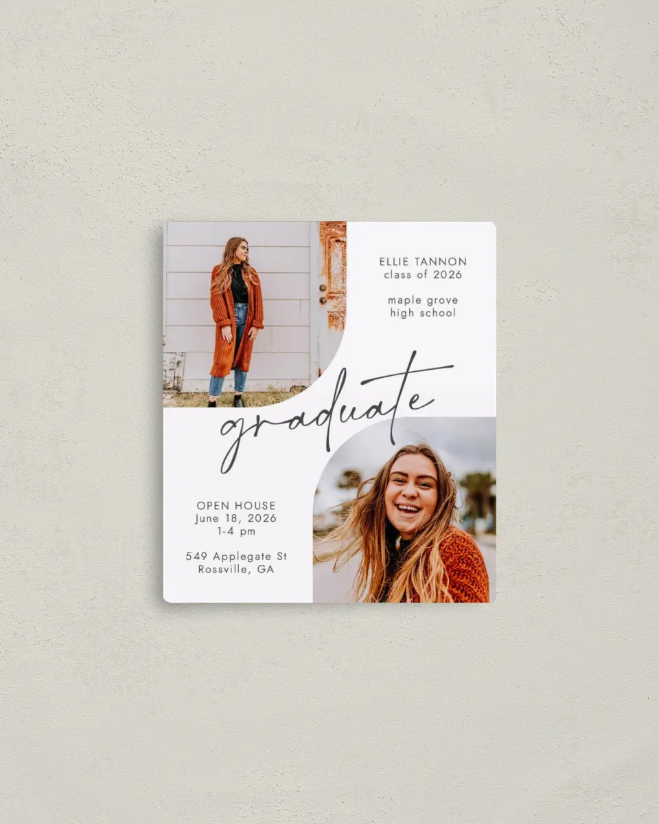 This is a 3½" x 4" Graduation Announcement Magnet called Commencement Corners printed in full color with a Luxe Satin finish