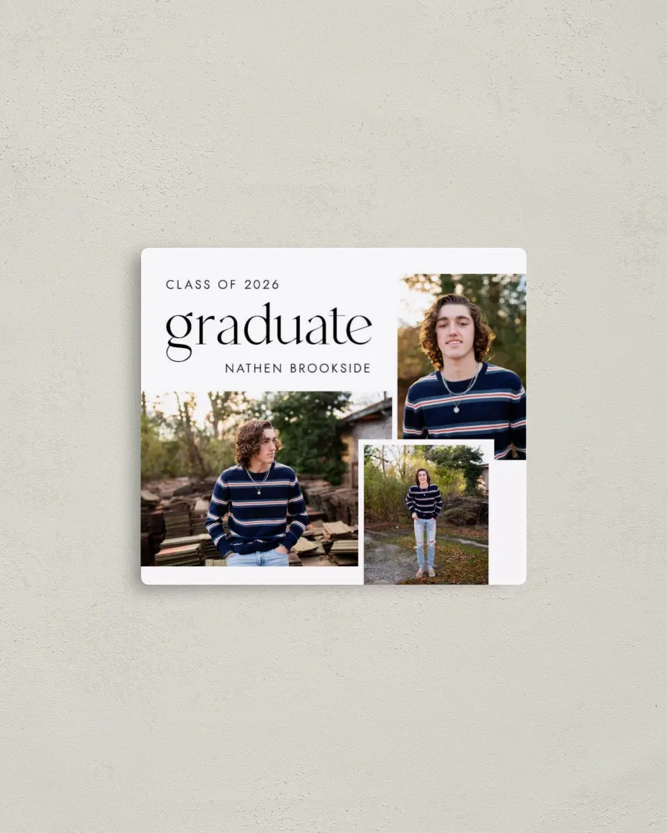 This is a 3½" x 4" Graduation Announcement Magnet called Noble Grad printed in full color with a Luxe Satin finish