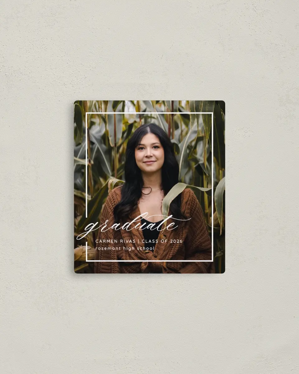 This is a 3½" x 4" Graduation Announcement Magnet called Brilliant Border printed in full color with a Luxe Satin finish