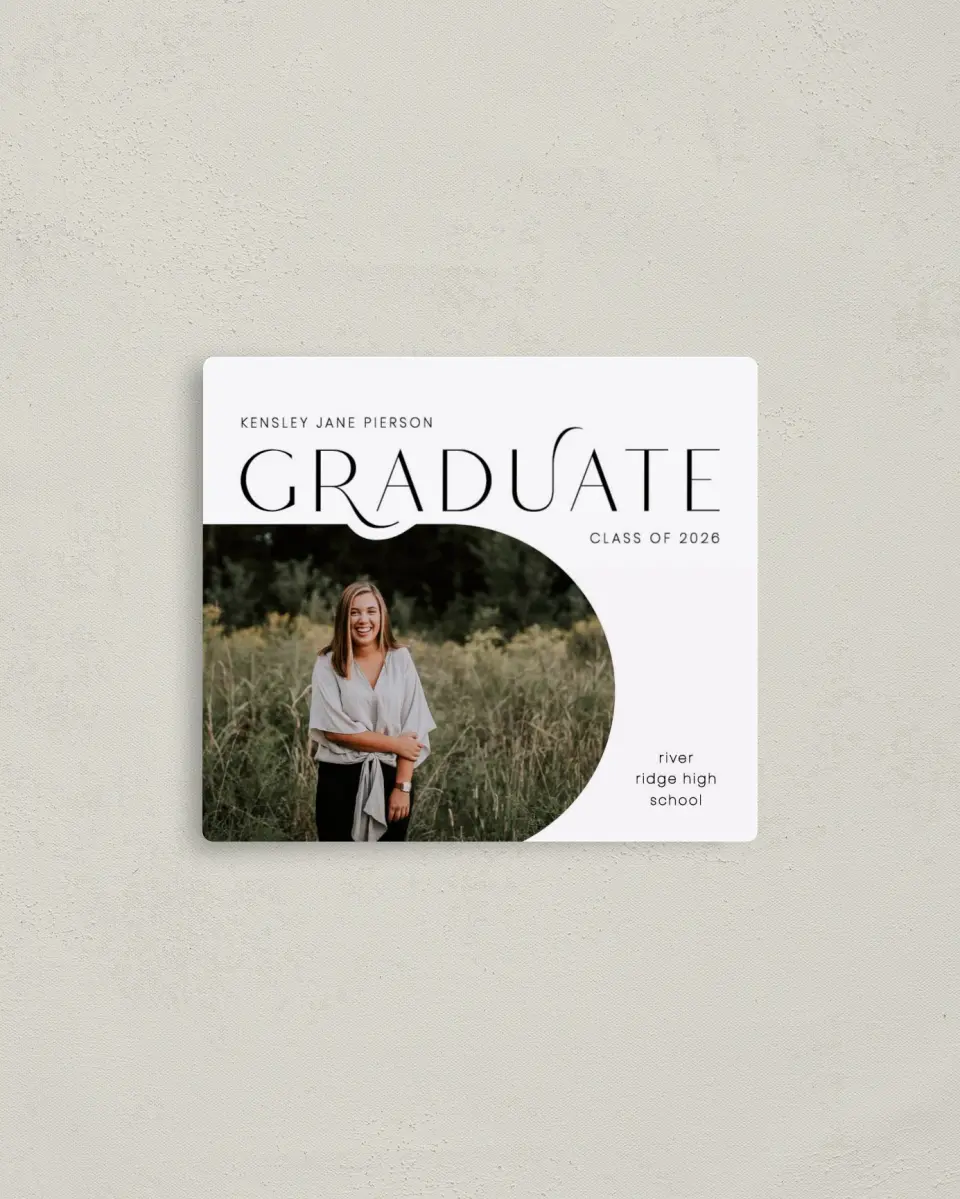 This is a 3½" x 4" Graduation Announcement Magnet called Modern Scholar printed in full color with a Luxe Satin finish