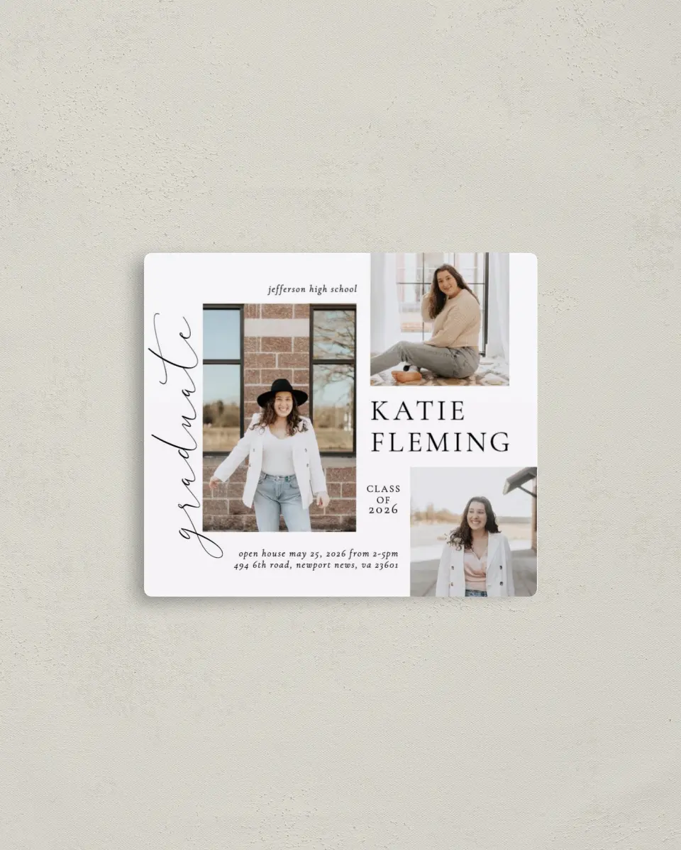 This is a 3½" x 4" Graduation Announcement Magnet called Chic Three printed in full color with a Luxe Satin finish
