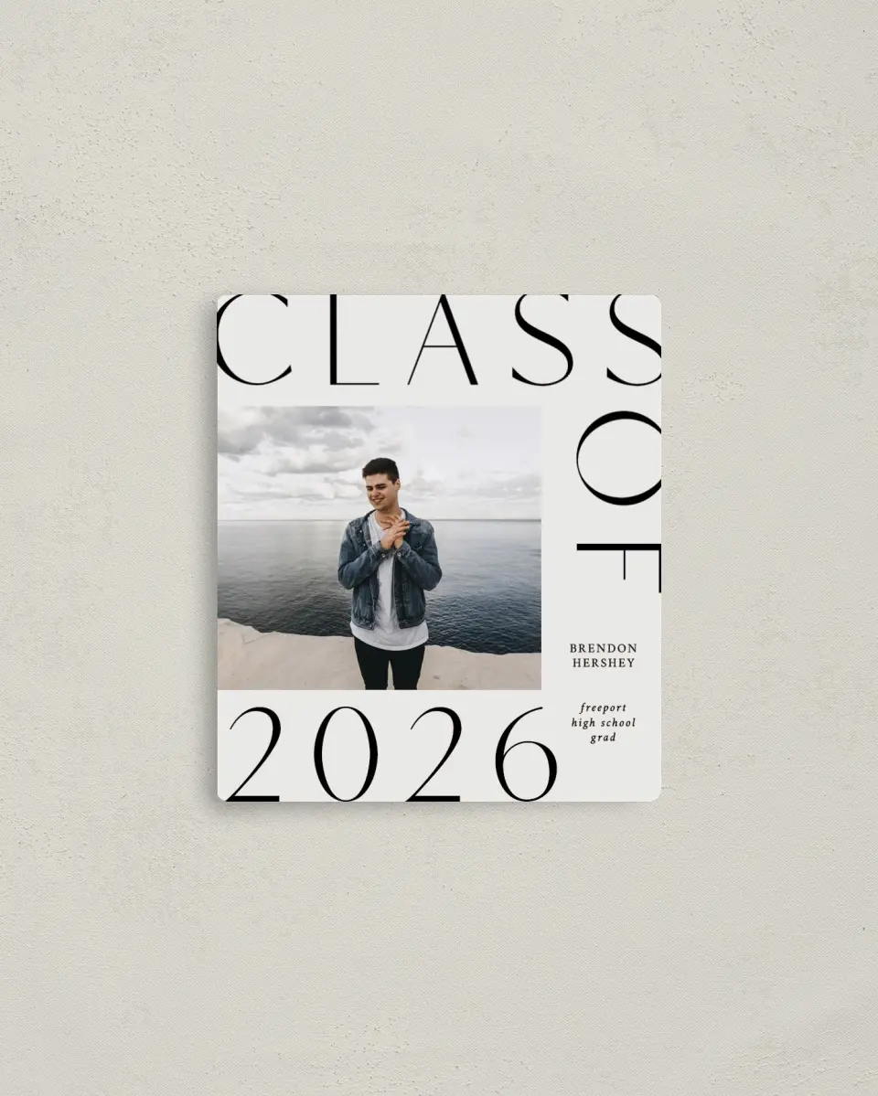 This is a 3½" x 4" Graduation Announcement Magnet called On the Edge printed in full color with a Luxe Satin finish