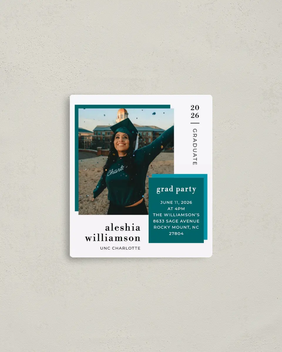 This is a 3½" x 4" Graduation Announcement Magnet called Fun Celebration printed in full color with a Luxe Satin finish