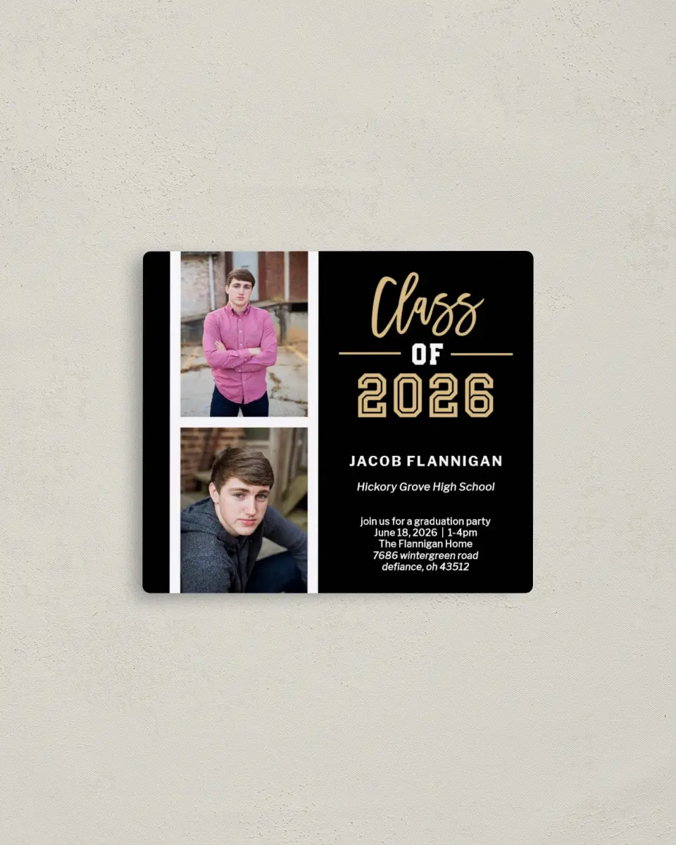 This is a 3½" x 4" Graduation Announcement Magnet called Stacked Snapshots printed in full color with a Luxe Satin finish