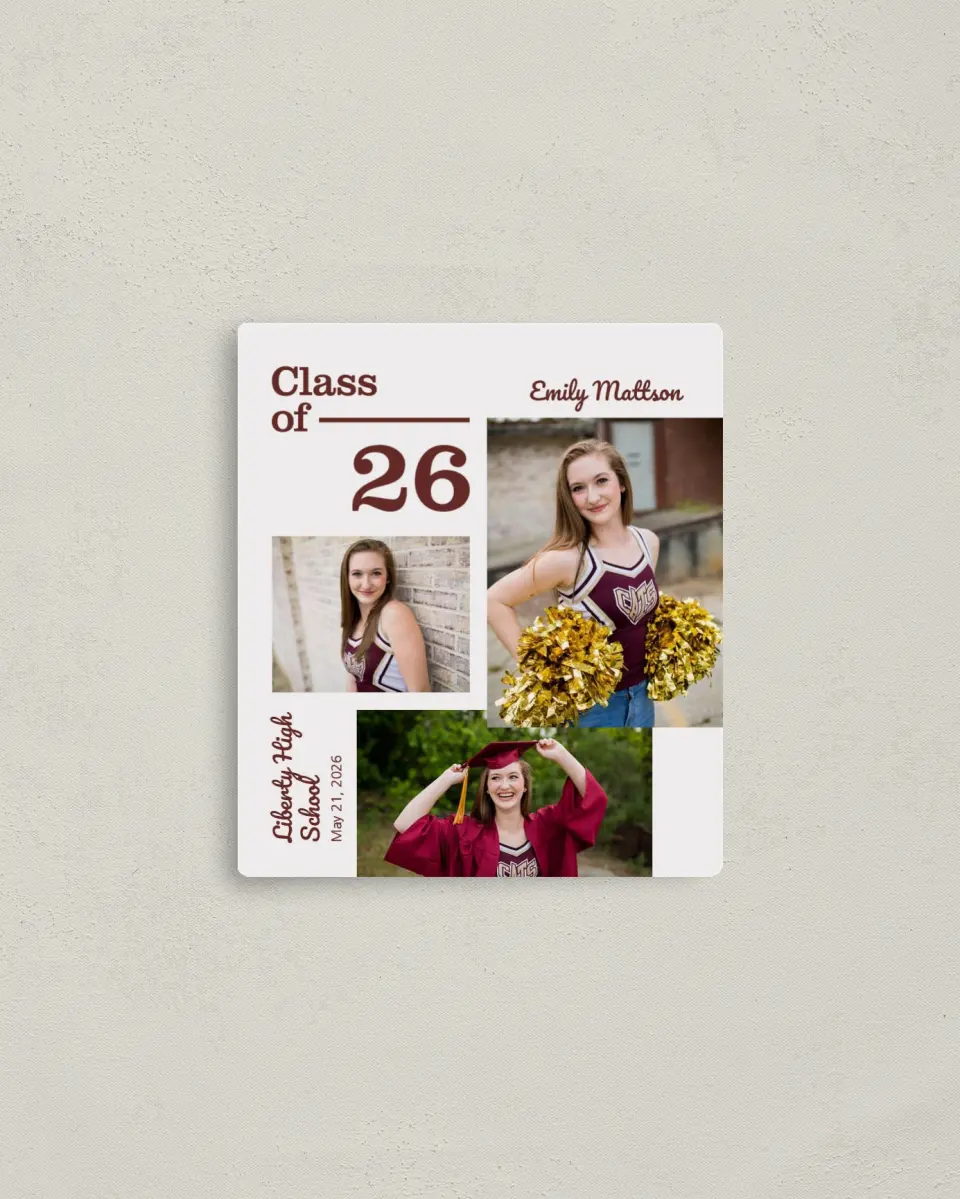 This is a 3½" x 4" Graduation Announcement Magnet called Scholarly Spirit printed in full color with a Luxe Satin finish