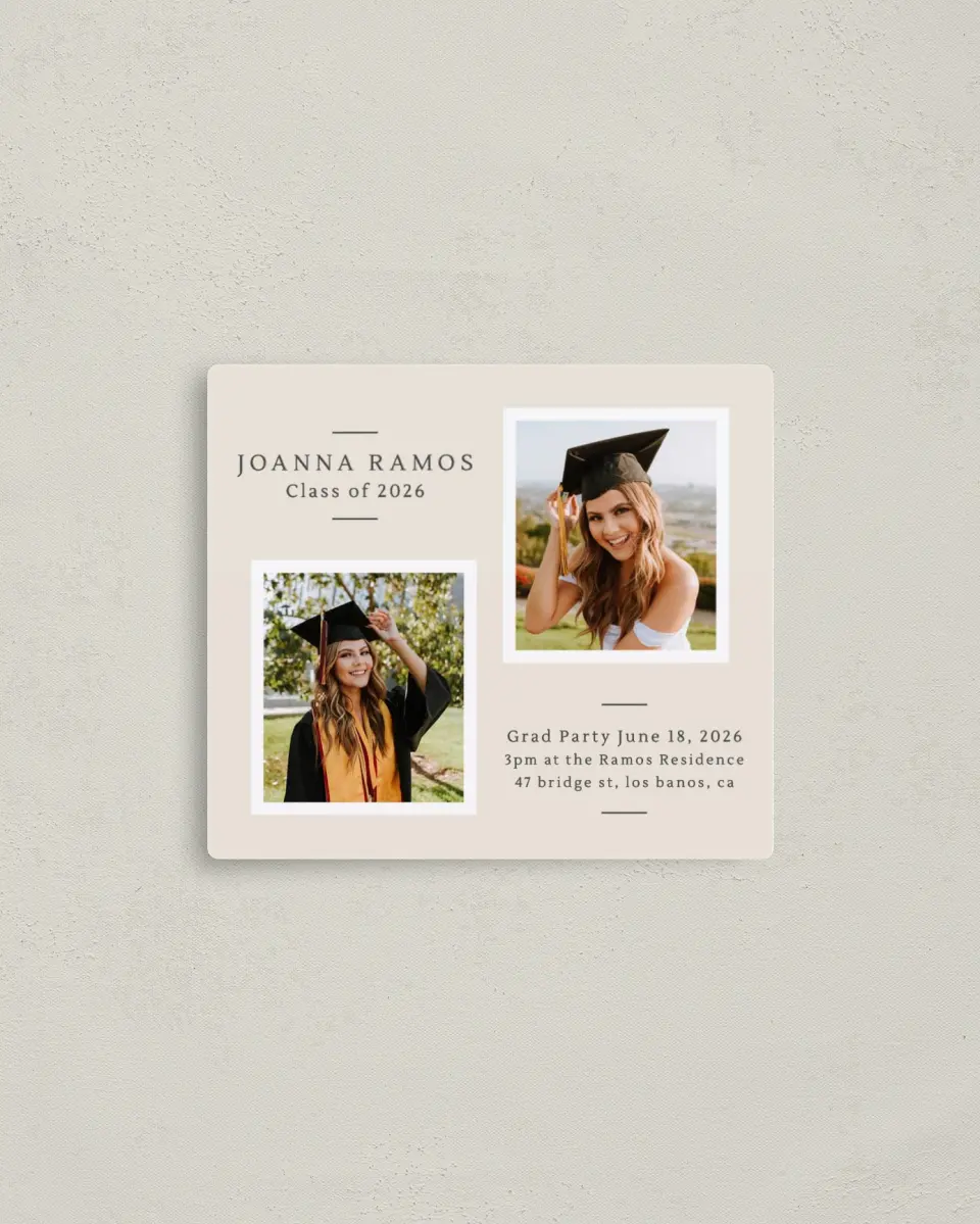 This is a 3½" x 4" Graduation Announcement Magnet called Classy Year printed in full color with a Luxe Satin finish