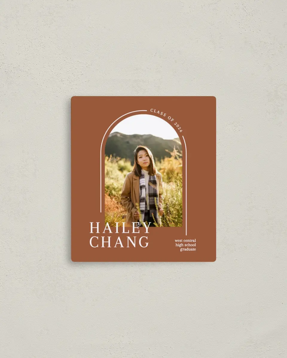 This is a 3½" x 4" Graduation Announcement Magnet called Arched Grad printed in full color with a Luxe Satin finish