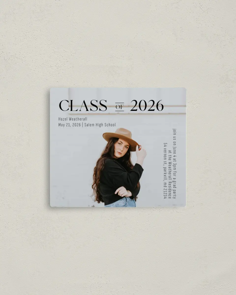 This is a 3½" x 4" Graduation Announcement Magnet called Class Of printed in full color with a Luxe Satin finish